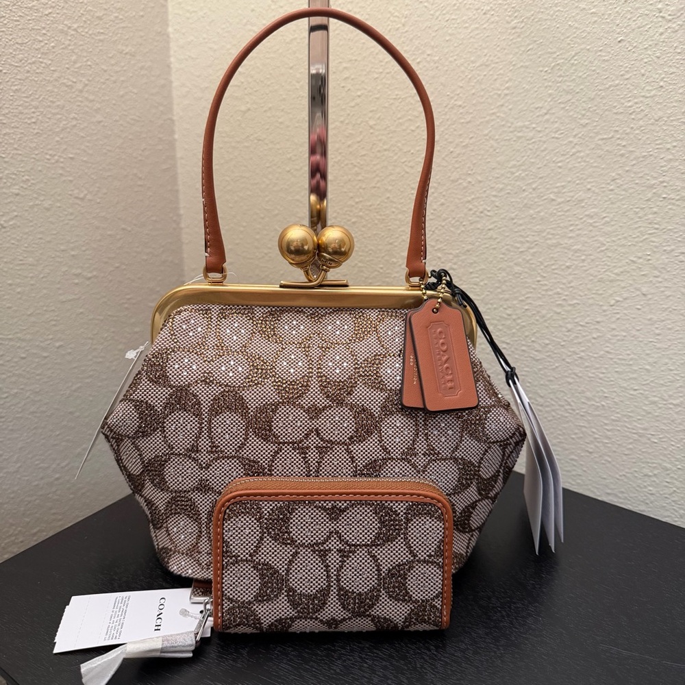 Coach Kisslock Frame Bag 16 & Small Card Case In Crystal Signature Jacquard